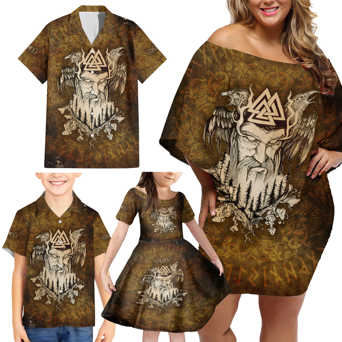 Odin Viking Family Matching Off Shoulder Short Dress and Hawaiian Shirt Valknut, Ravens, and Enchanted Forest - Wonder Print Shop