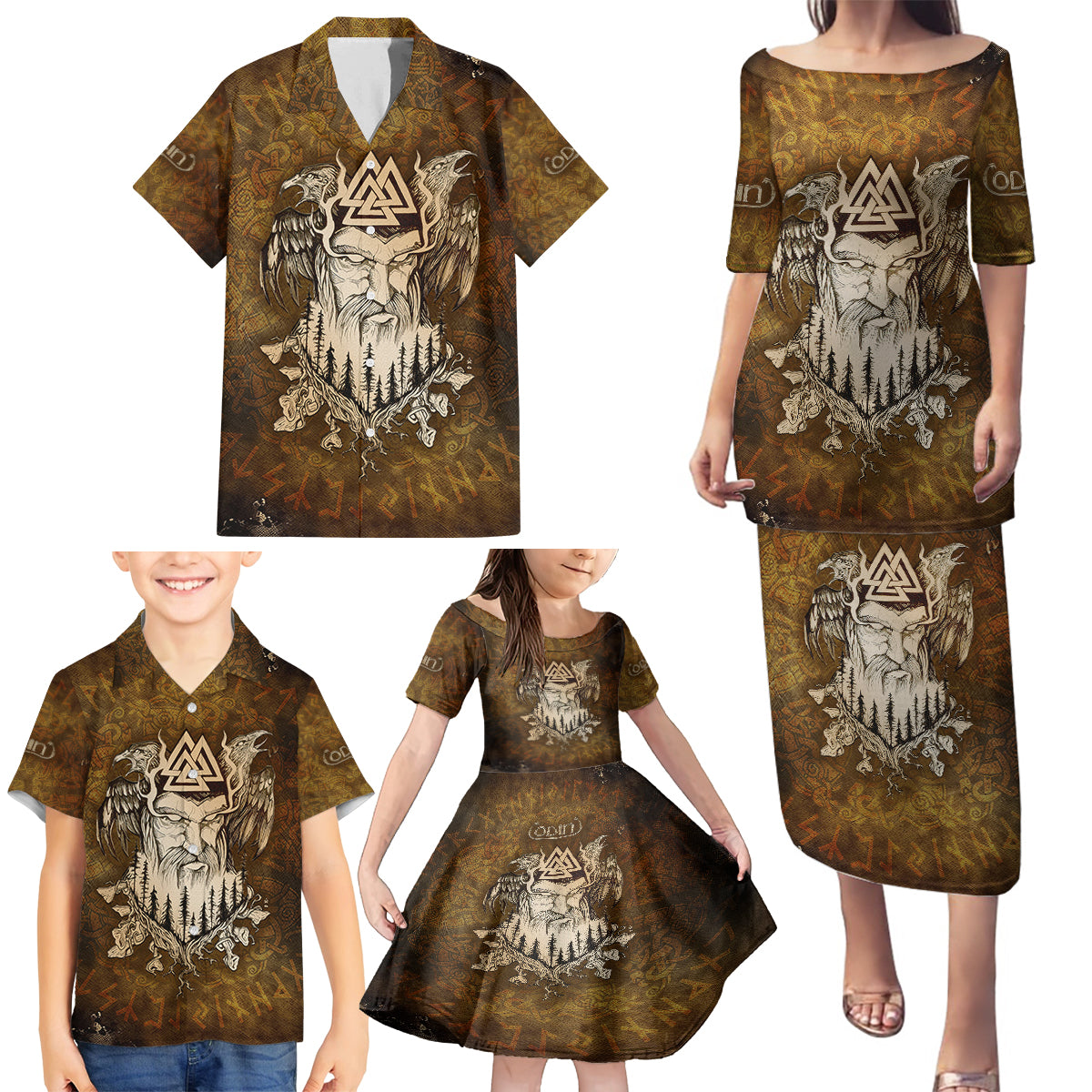 Odin Viking Family Matching Puletasi Dress and Hawaiian Shirt Valknut, Ravens, and Enchanted Forest - Wonder Print Shop