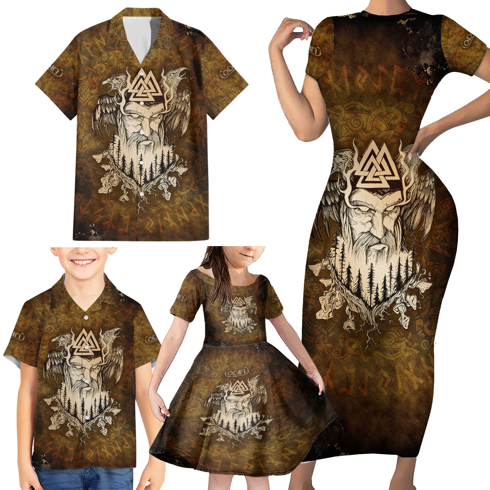 Odin Viking Family Matching Short Sleeve Bodycon Dress and Hawaiian Shirt Valknut, Ravens, and Enchanted Forest - Wonder Print Shop