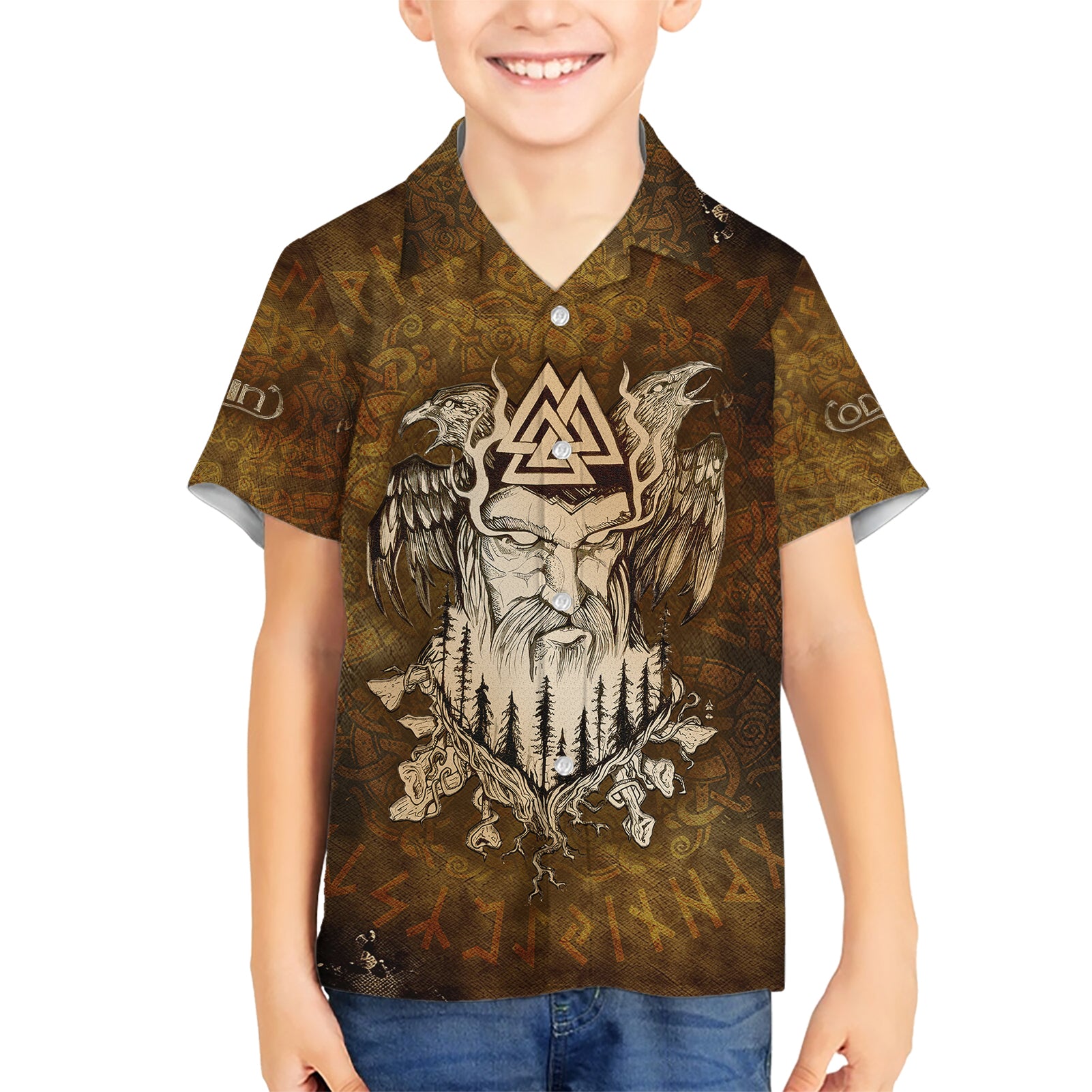 Odin Viking Kid Hawaiian Shirt Valknut, Ravens, and Enchanted Forest - Wonder Print Shop