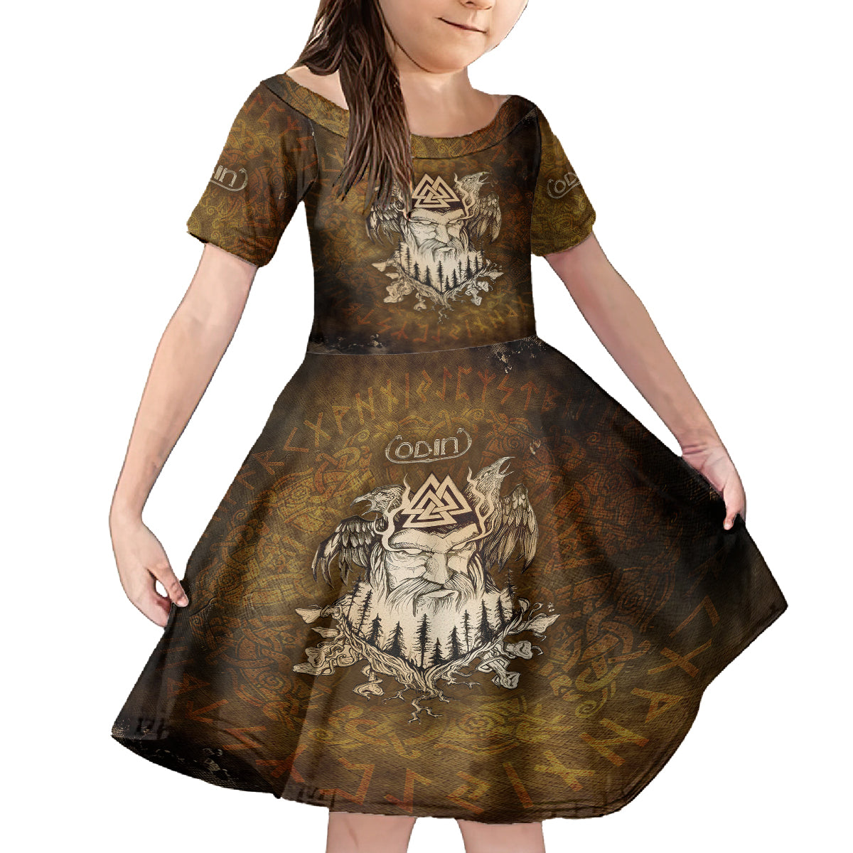 Odin Viking Kid Short Sleeve Dress Valknut, Ravens, and Enchanted Forest - Wonder Print Shop