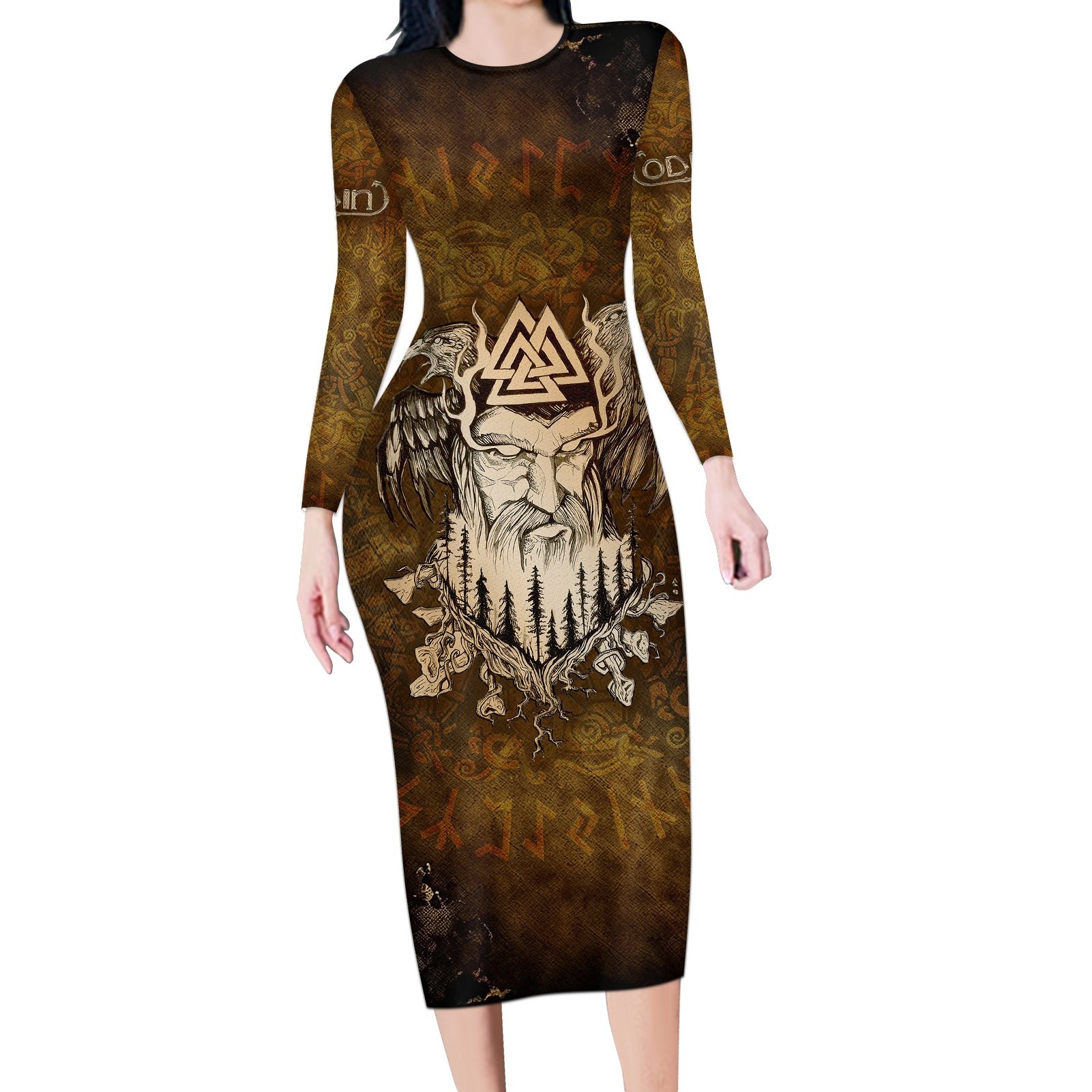 Odin Viking Long Sleeve Bodycon Dress Valknut, Ravens, and Enchanted Forest - Wonder Print Shop