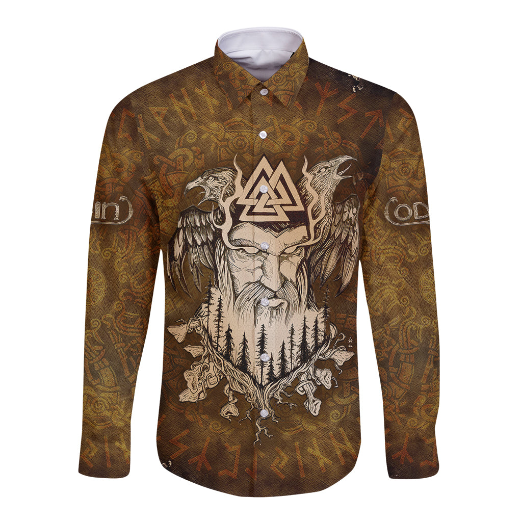Unisex long sleeve button shirt, dark brown with white raven-and-forest graphic