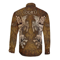 Unisex long sleeve button shirt, dark brown with back raven-and-Valknut symbols