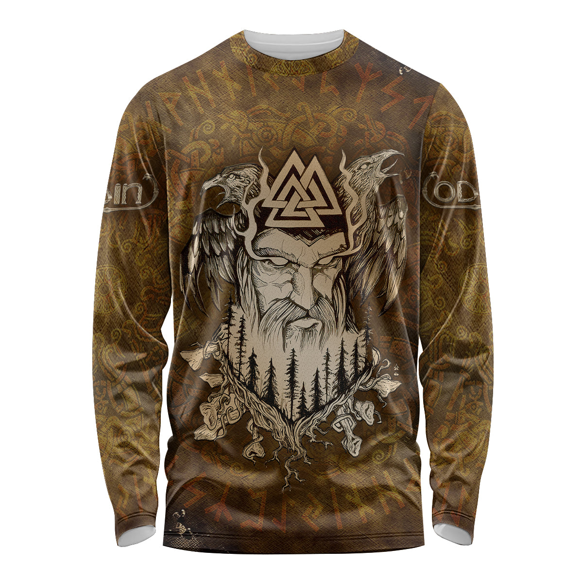 Odin Viking Long Sleeve Shirt Valknut, Ravens, and Enchanted Forest - Wonder Print Shop