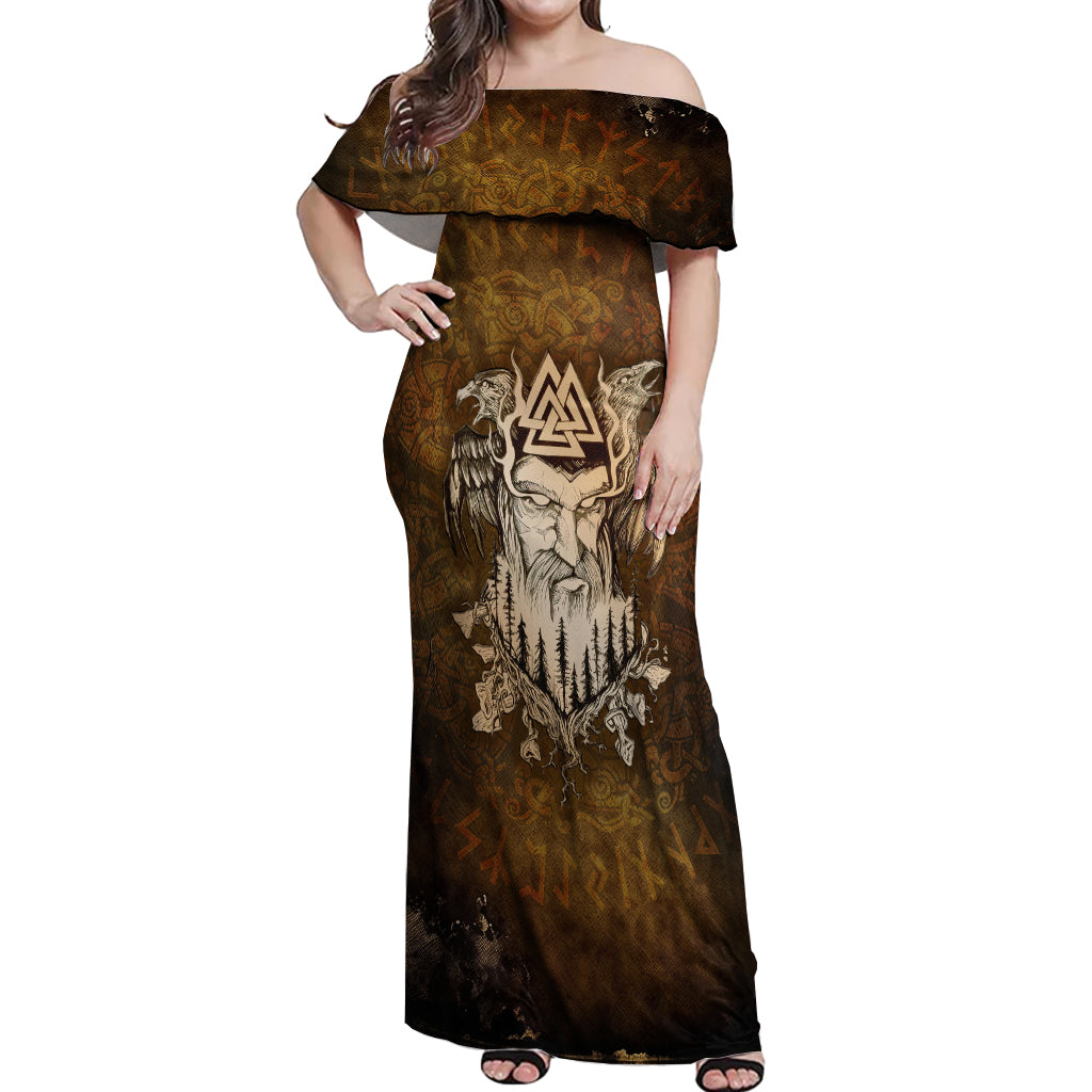 Odin Viking Off Shoulder Maxi Dress Valknut, Ravens, and Enchanted Forest - Wonder Print Shop