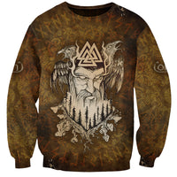Unisex dark yellow sweatshirt with Odin ravens, Valknut and forest graphic