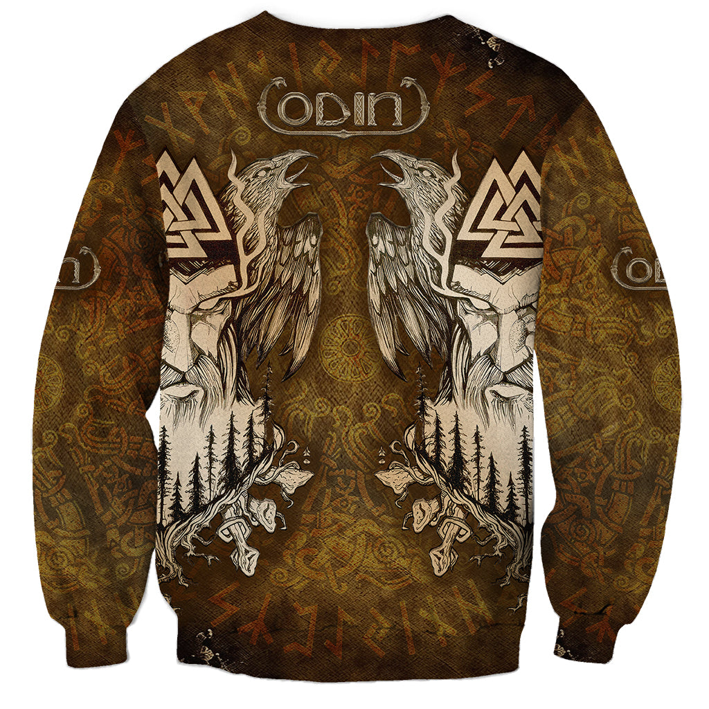 Unisex dark yellow sweatshirt back with ODIN text and two raven wings graphic