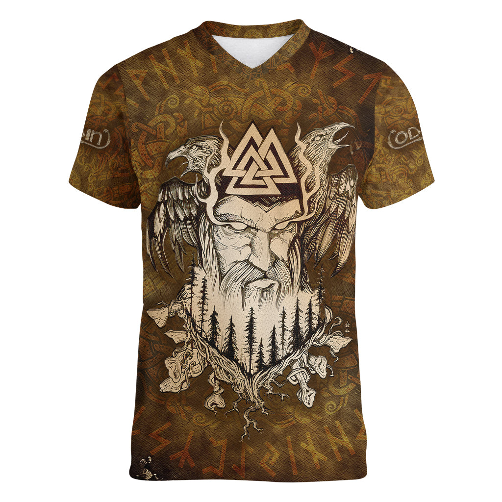 odin-viking-women-v-neck-t-shirt-valknut-ravens-and-enchanted-forest