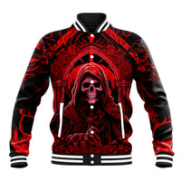 Red and black baseball jacket with front skull face and buttoned varsity placket