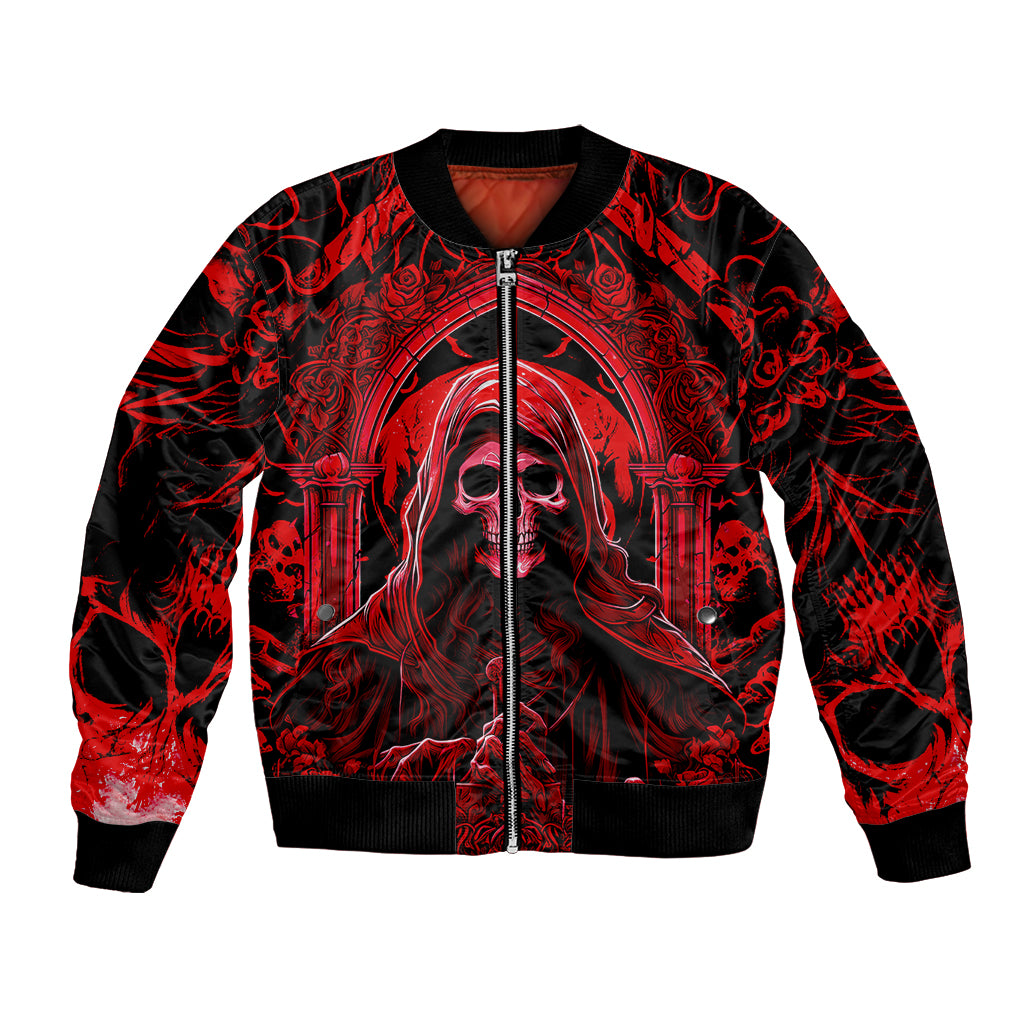 Red and black bomber jacket with skull woman front graphic and zipper, ribbed cuffs