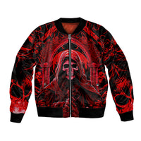 Red and black bomber jacket with skull woman front graphic and zipper, ribbed cuffs