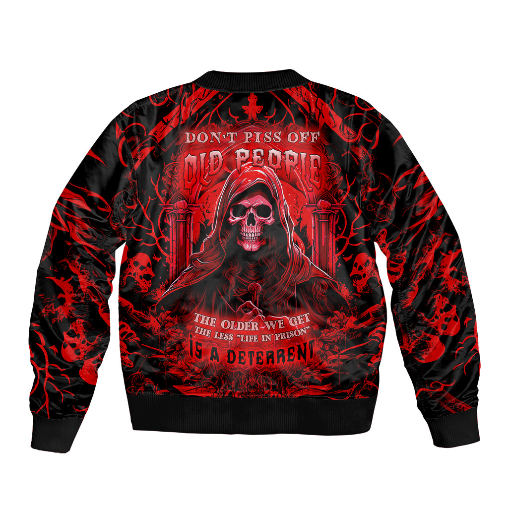 Red and black bomber jacket with skull woman graphic, ribbed collar, full back print