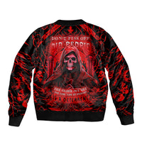 Red and black bomber jacket with skull woman graphic, ribbed collar, full back print