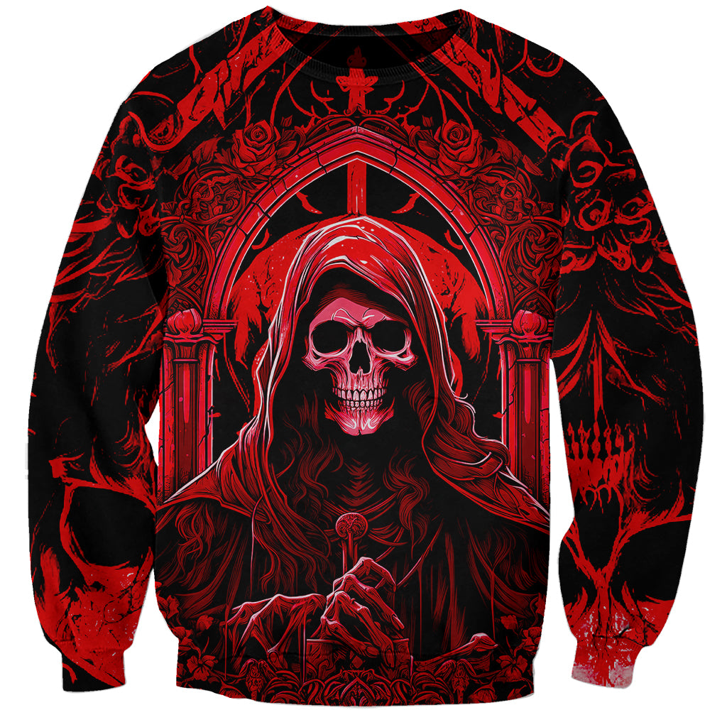 Red-and-black unisex sweatshirt with hooded skull portrait and ornate cross