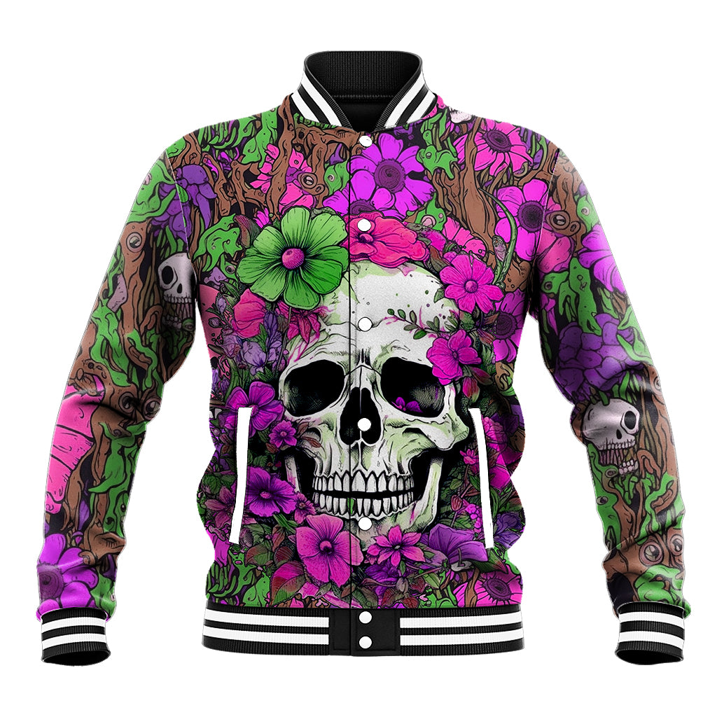 Multicolor baseball jacket front with skull and flowers, snap button placket, striped collar