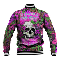 Multicolor baseball jacket with skull and floral graphics, black ribbed cuffs and hem
