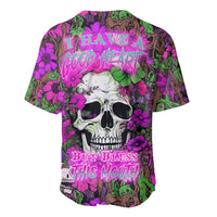 Multicolor floral skull baseball jersey with purple green graphic and button placket