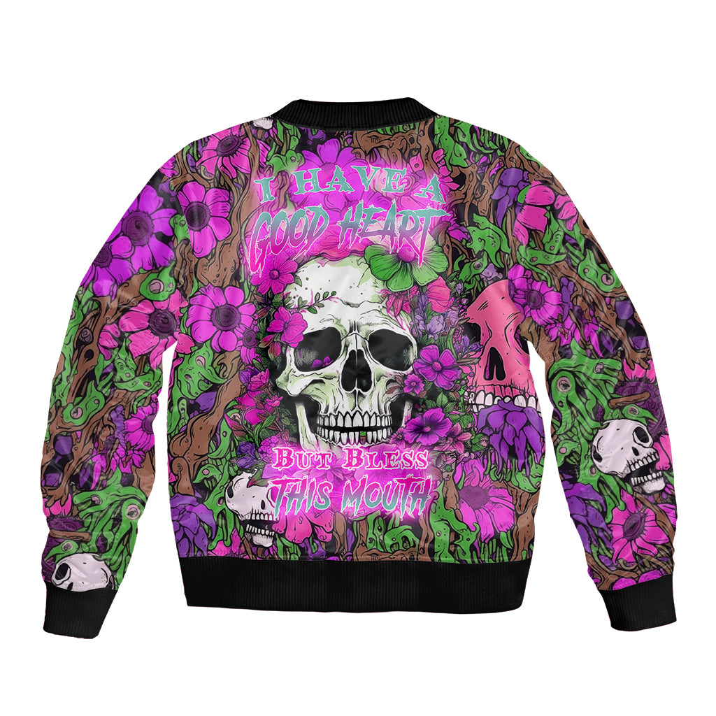 Multicolor bomber jacket with skull and floral graphic, ribbed black collar and cuffs