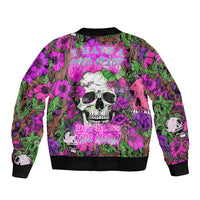 Multicolor bomber jacket with skull and floral graphic, ribbed black collar and cuffs