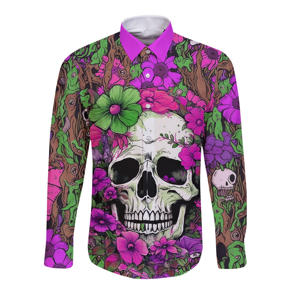 Long sleeve button shirt with multicolor skull and flower print, purple pointed collar