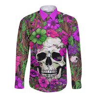 Long sleeve button shirt with multicolor skull and flower print, purple pointed collar