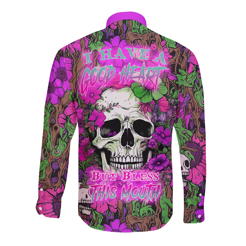 Long sleeve button shirt with multicolor skull and floral graphic, purple collar
