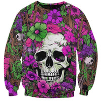 Multicolor sweatshirt with two skulls and large flowers graphic, crew neck, long sleeves