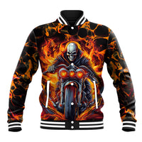 Unisex baseball jacket, black with orange flame skull monster on front, snap button closure