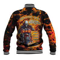 Unisex baseball jacket, black with orange flame monster graphic (back), striped ribbed trim