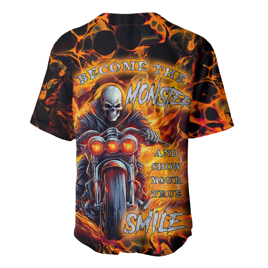 Multicolor monster-themed baseball jersey with skull and flame motorcycle graphic, front