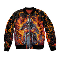 Unisex bomber jacket with flame monster graphic; full front zipper and ribbed hem