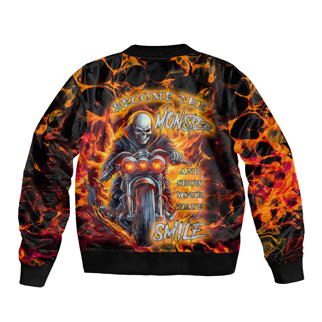 Unisex bomber jacket with flame skull graphic on back; ribbed collar and cuffs