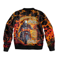 Unisex bomber jacket with flame skull graphic on back; ribbed collar and cuffs