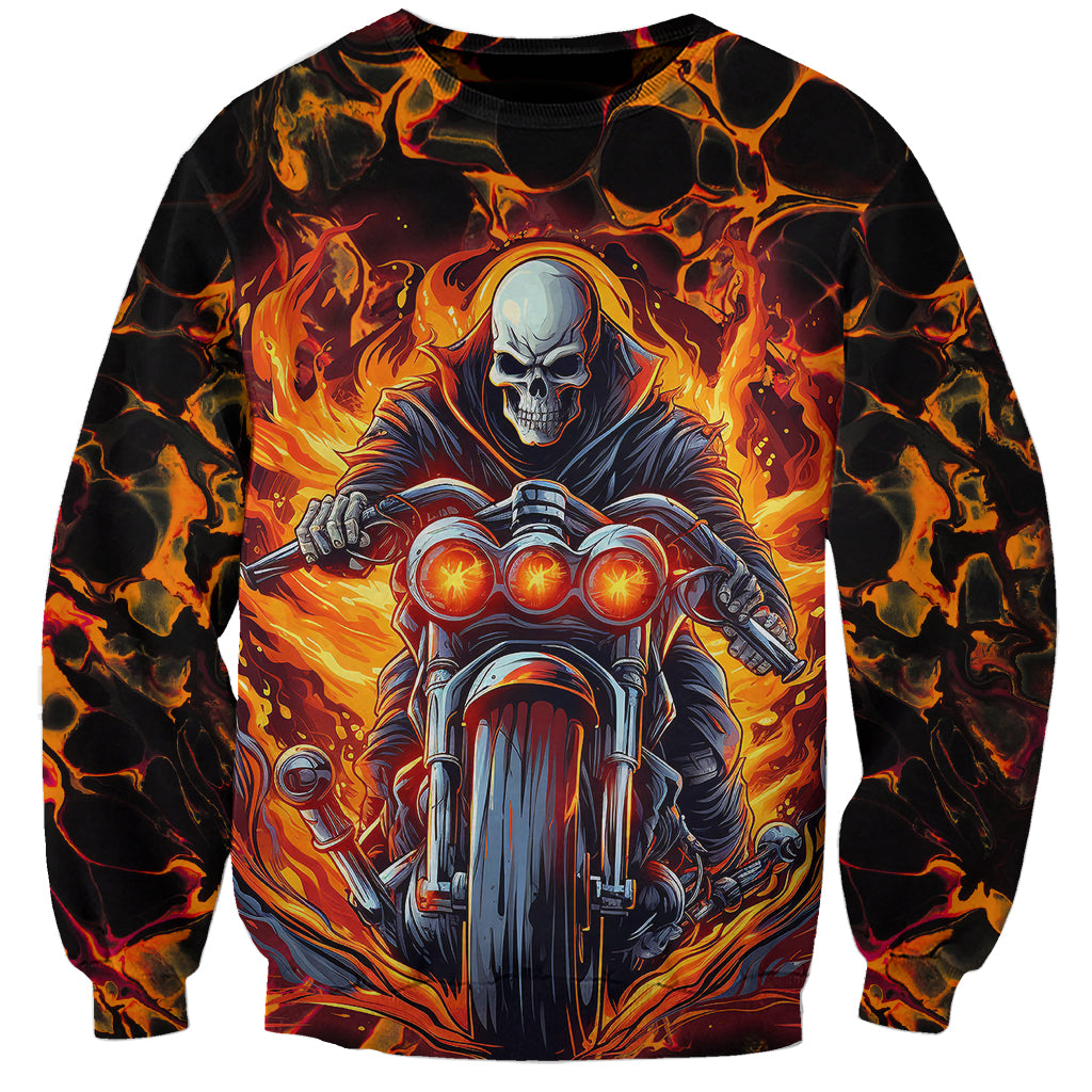 Unisex multicolor graphic sweatshirt with flaming skull biker on motorcycle