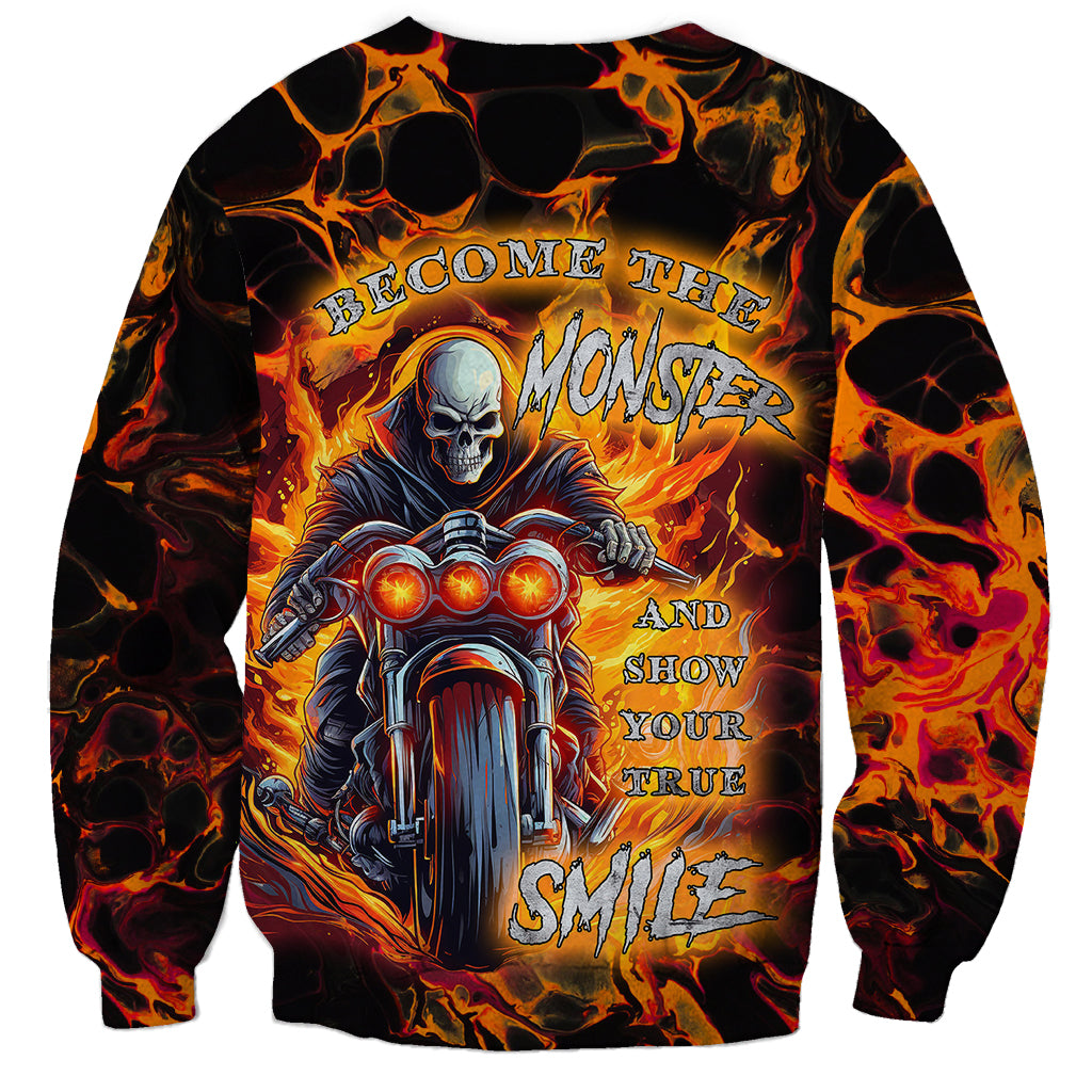Unisex multicolor graphic sweatshirt with flaming skull rider and true smile text