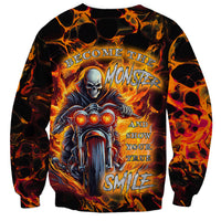 Unisex multicolor graphic sweatshirt with flaming skull rider and true smile text