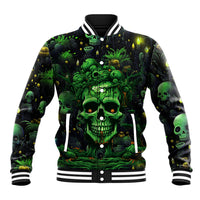 Unisex baseball jacket, black/green skull print, snap front, striped ribbed cuffs