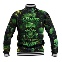 Unisex baseball jacket, black/green skull back graphic with slogan, snap front, ribbed hem