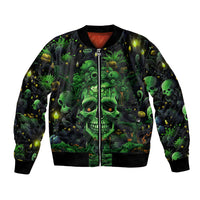 Unisex green-and-black bomber jacket with zip front and skull cactus print