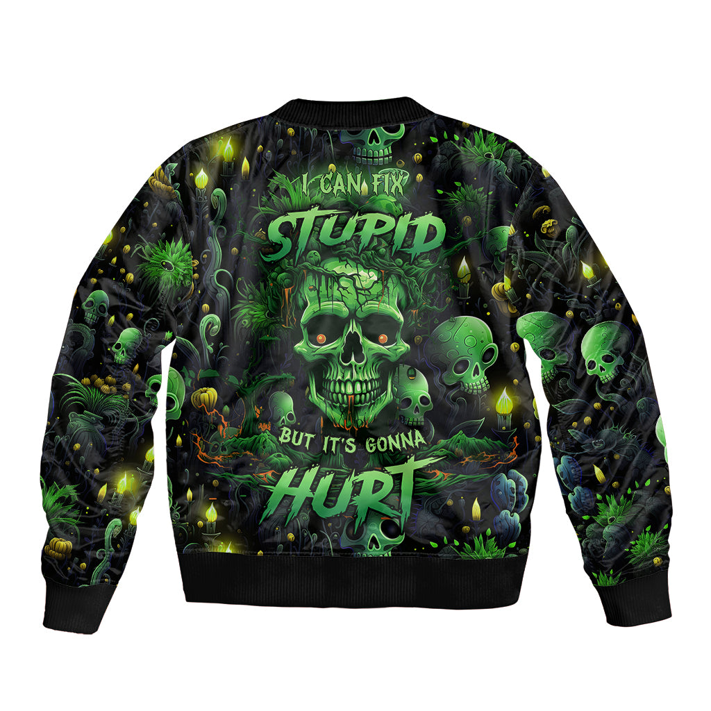 Unisex green-and-black bomber jacket with back skull graphic and bold text