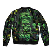 Unisex green-and-black bomber jacket with back skull graphic and bold text