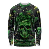 Unisex long sleeve shirt with neon green skull graphic on dark fabric
