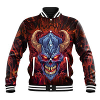Multicolor baseball jacket with front button placket, blue skull face graphic, ribbed cuffs