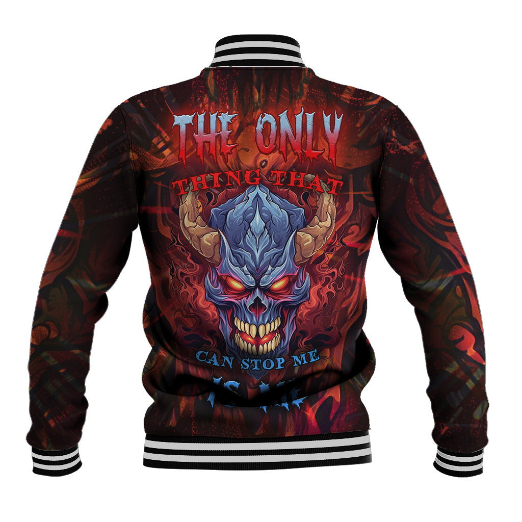 Multicolor baseball jacket with bold back skull graphic, ribbed collar and striped cuffs