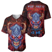 Two views of multicolor baseball jersey: front and back with blue skull artwork