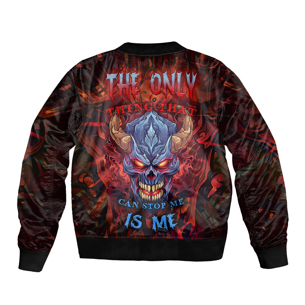 Bomber jacket with multicolor flaming skull graphic and back text, ribbed cuffs