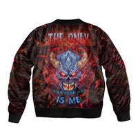 Bomber jacket with multicolor flaming skull graphic and back text, ribbed cuffs