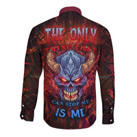 Long sleeve button shirt with multicolor flaming skull graphic, back view