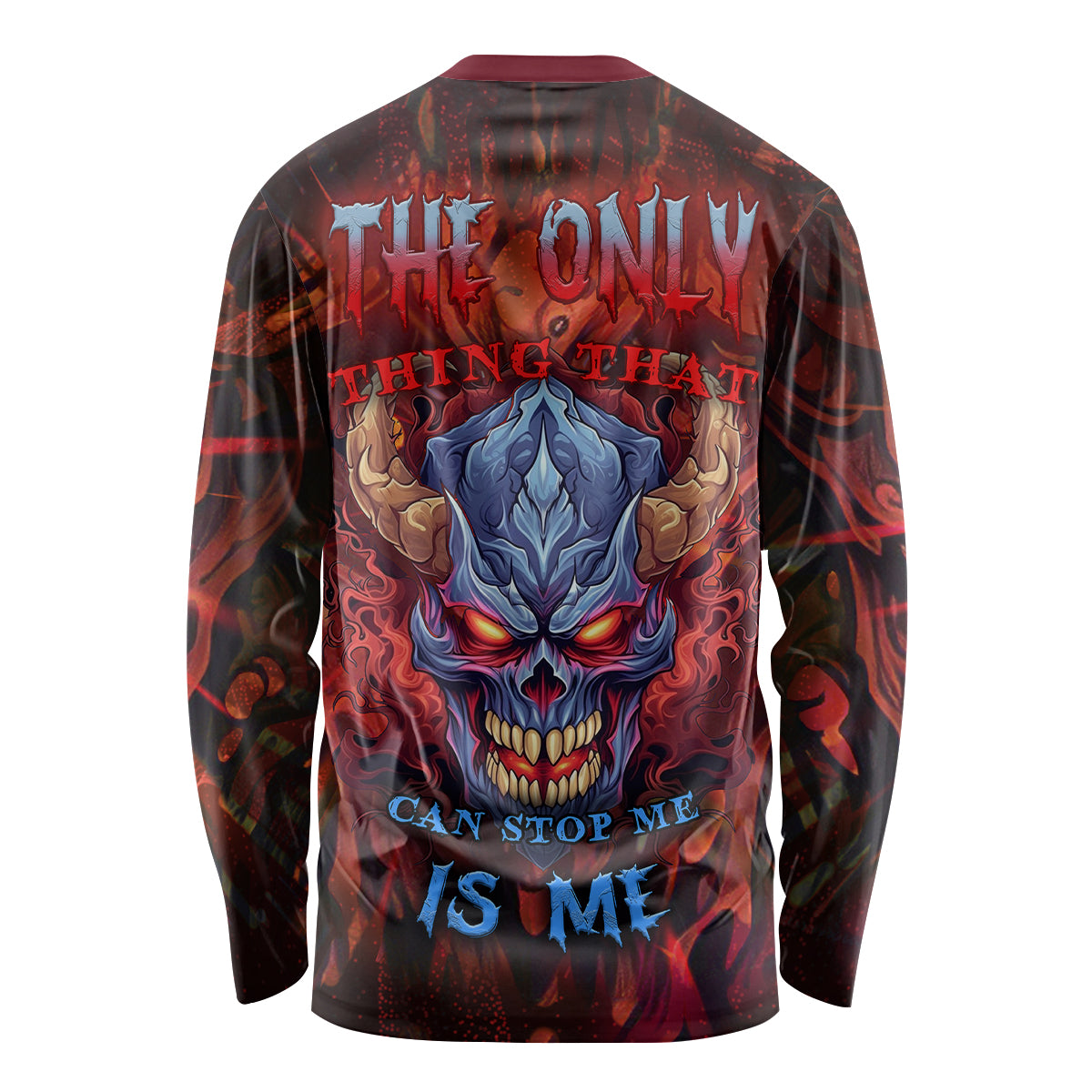 Unisex long sleeve shirt with skull flame back graphic, dark red and black